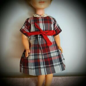 Vtg 1960s 8" doll dress Ginny? Mommy-made? Red Plaid gray black